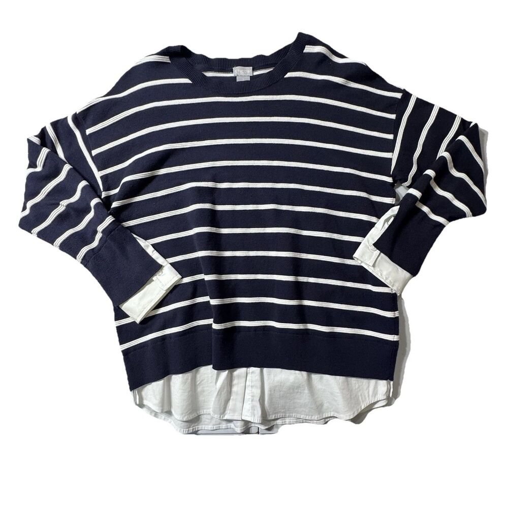 Chico's Size 2/L/12 Womens Navy Blue White Striped Sweater White Cuffs Shirt